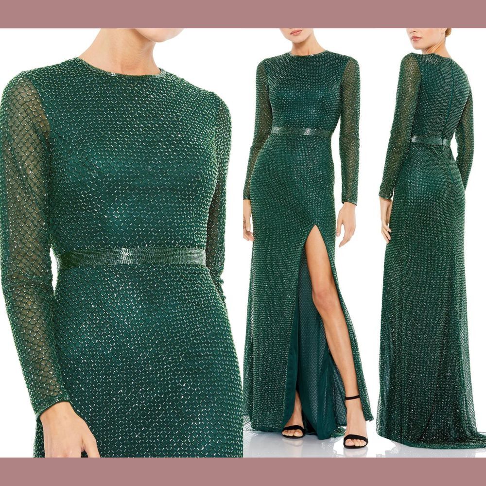 NWT Mac Duggal [ 4 ]‎ 5056 Beaded Long Sleeve High Slit Gown Bottle Green